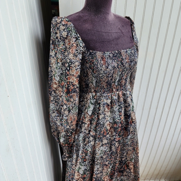 NWT O.P. T Women's Boho Smocked Midi Maxi Dress Navy Flur Floral Shine Sz M - Picture 4 of 13